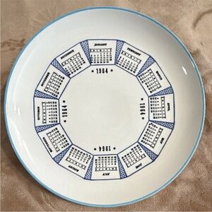 1964 Calendar Ceramic Collector Plate 10" Blue White Round Decorative